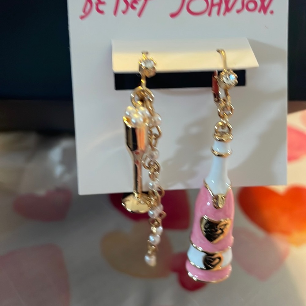 Betsey Johnson Pink Champagne Dangling Earrings Gold Tone
